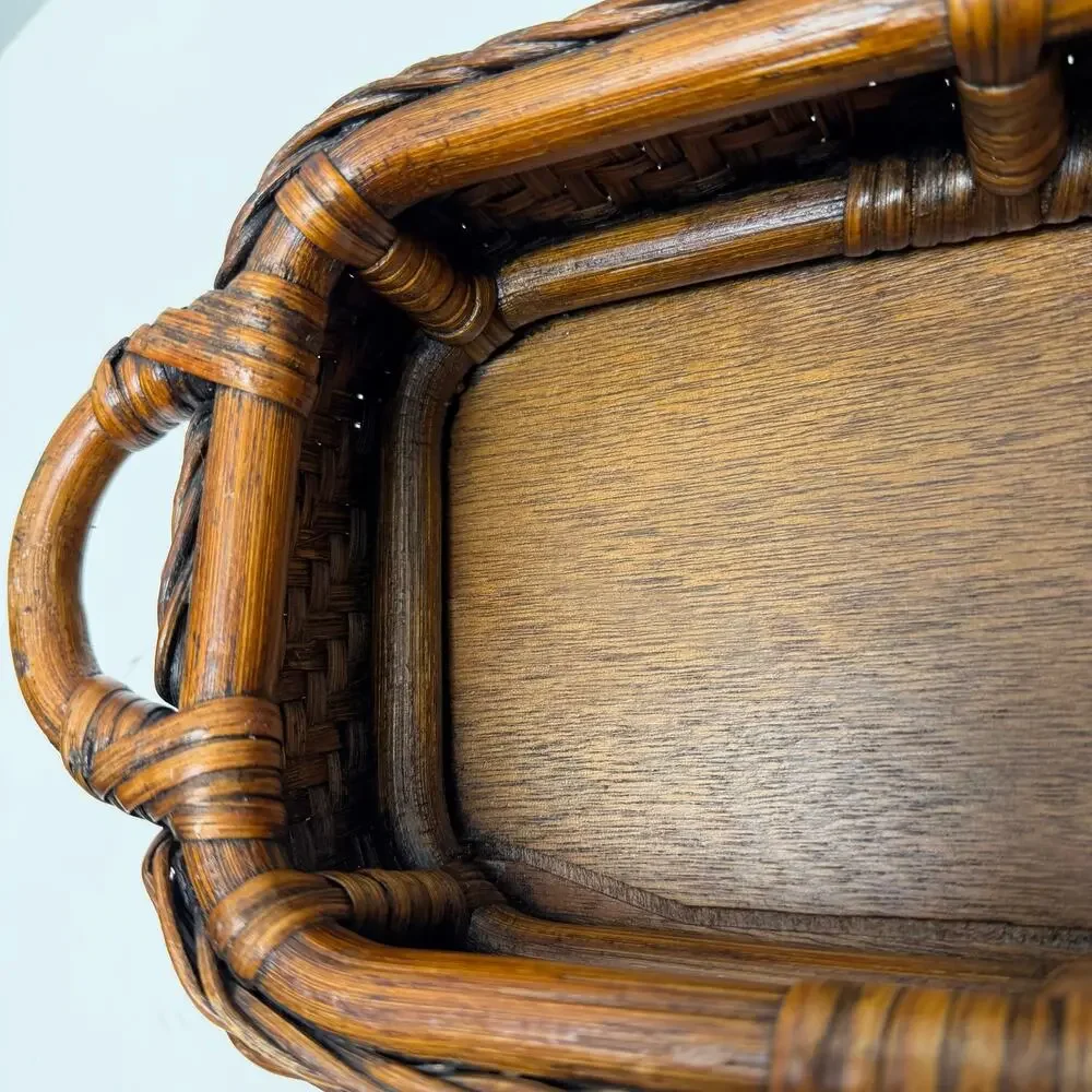 VTG Rattan Wrapped Wood Serving Tray Basket w Handles Boho 13x6 Sturdy Cottage